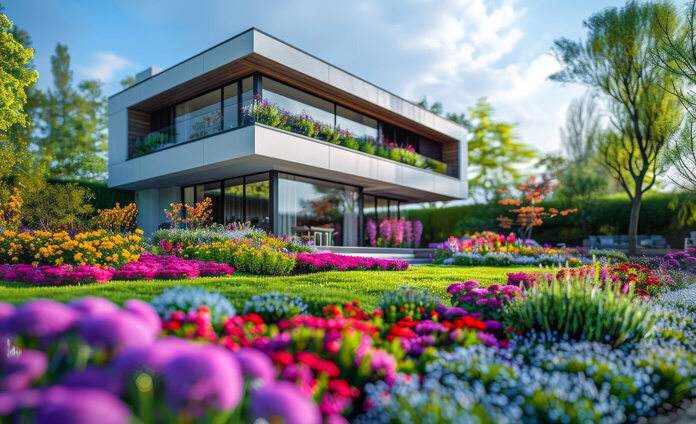 Maison Moderne Avec De Belles Fleurs Paysage Extérieur